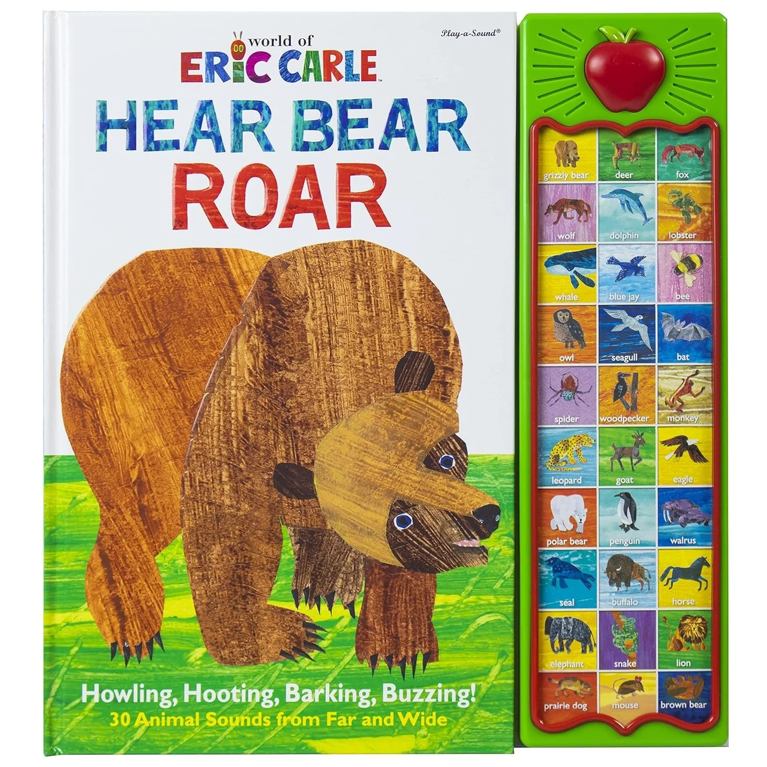 Hear Bear Roar Sound Book -
Click the image to view on Amazon.

This interactive sound book invites children to explore animal names and sounds through hands-on button pressing and vibrant illustrations by Eric Carle. The multisensory format supports