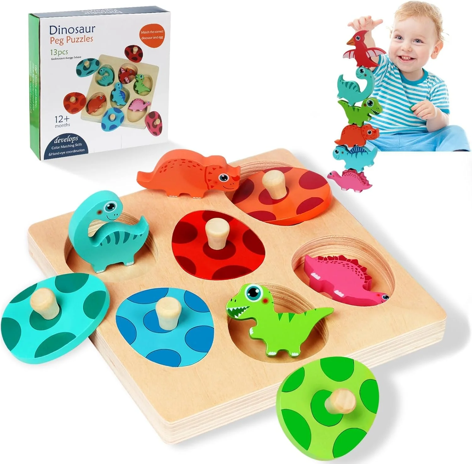 Dinosaur Egg Peg Puzzle - 
Click the image to view on Amazon.

This colorful wooden peg puzzle encourages early learning through color and shape matching while building fine motor skills and hand-eye coordination. Children lift each egg to discover t