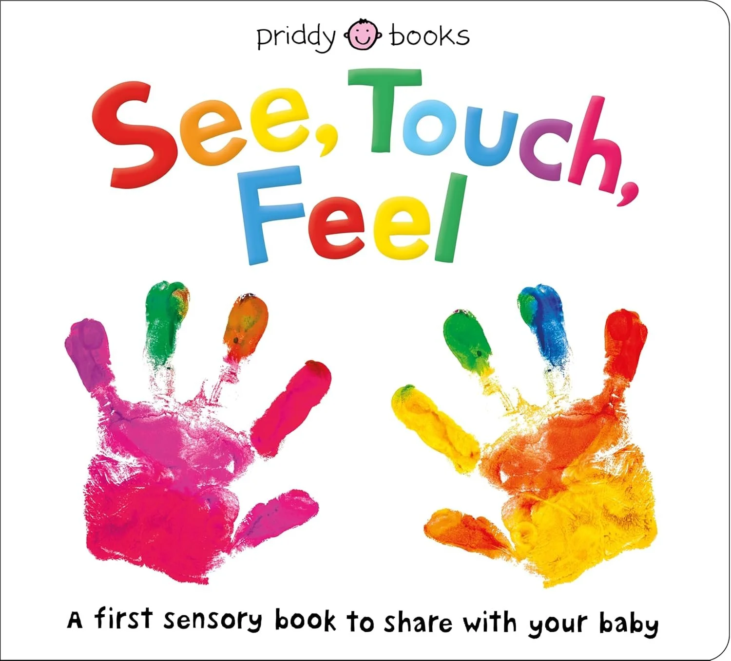 See, Touch, Feel: A First Sensory Book -
Click the image to view on Amazon.

This interactive board book encourages babies to explore through touch, movement, and visual engagement. With raised textures, finger trails, and a mirror, it supports early