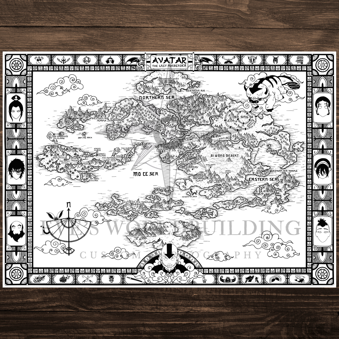 Avatar the Last Airbender Fantasy Map. ATLA Map in a traditional hand-drawn style.