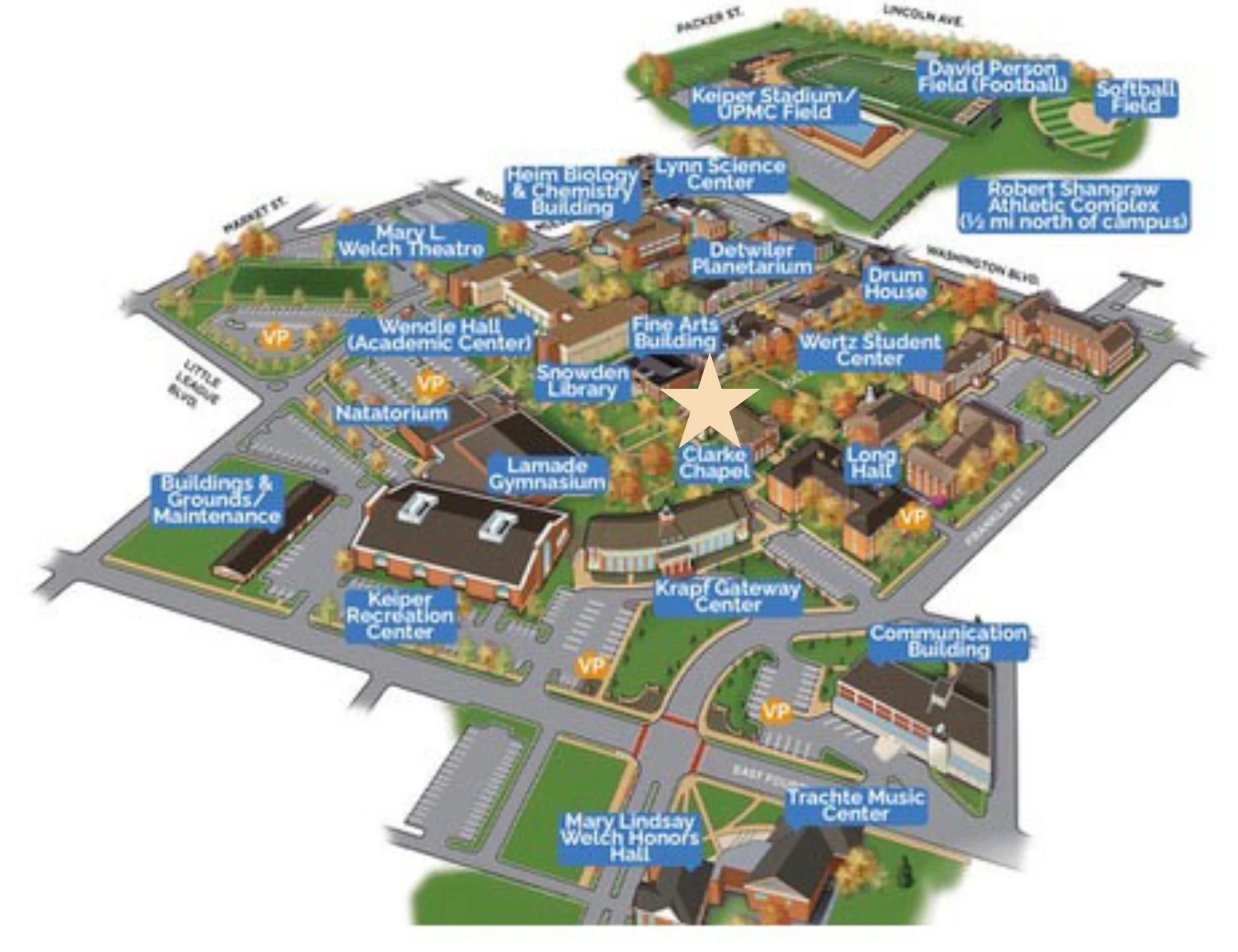 Lycoming College campus map showing where Clarke Chapel is located for STOA performances.