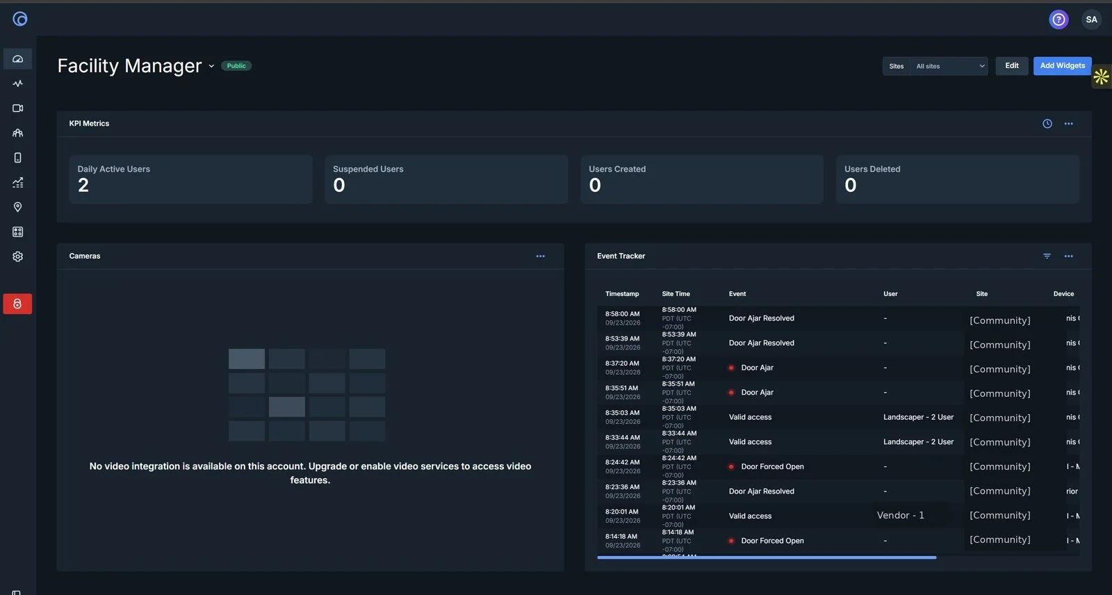 Brivo Facility Manager dashboard showing KPI metrics and live event tracker for the community's amenity access system
