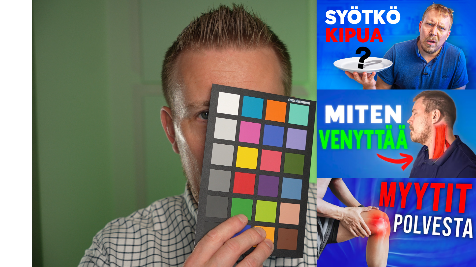 A man holding a color calibration chart partially covering his face, a three-part collage with Finnish text about pain and stretching, and a man showing a red highlight on his neck and knee in a sports context.
