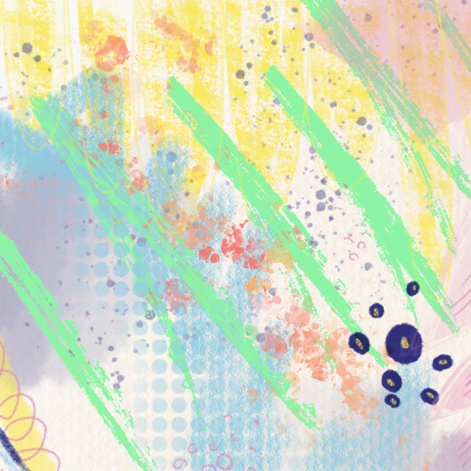 Abstract digital artwork featuring colorful splashes, streaks, and dots in pastel and neon shades, with no clear subject.
