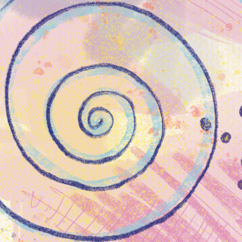 Colorful abstract spiral design with pastel pink, yellow, purple, and blue shades.