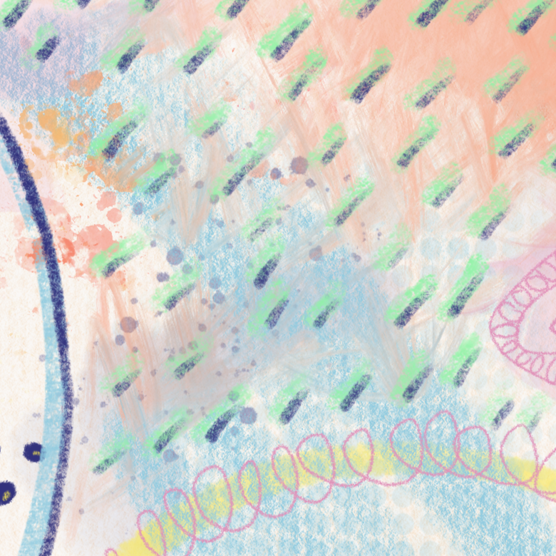 Close-up of a colorful, abstract drawing with various pastel and bright colors, including green, peach, blue, purple, and yellow, featuring a mix of scribbles, dots, and patterns.