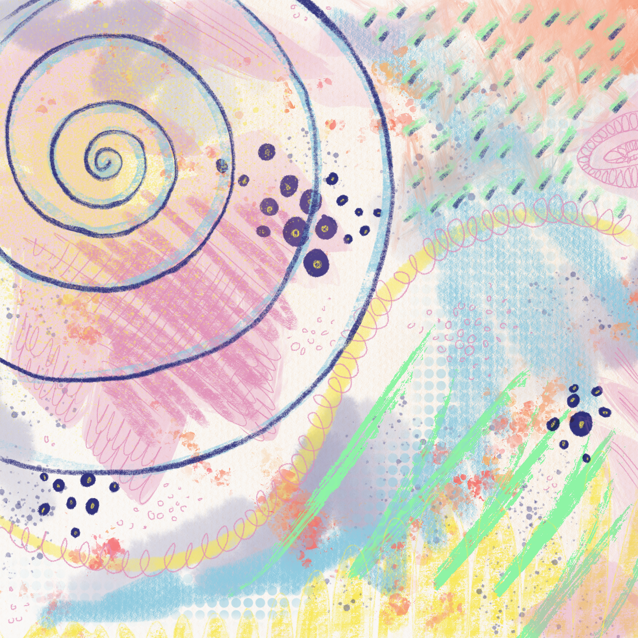 Abstract pastel-colored artwork featuring a spiral pattern on the left and various scribbles, dots, and lines in shades of pink, yellow, blue, green, and purple.