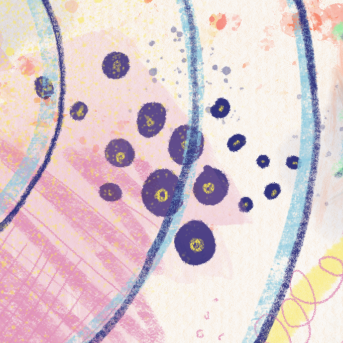 Abstract watercolor painting with purple dotted circles, pink, yellow, and blue strokes, and faint geometric shapes.