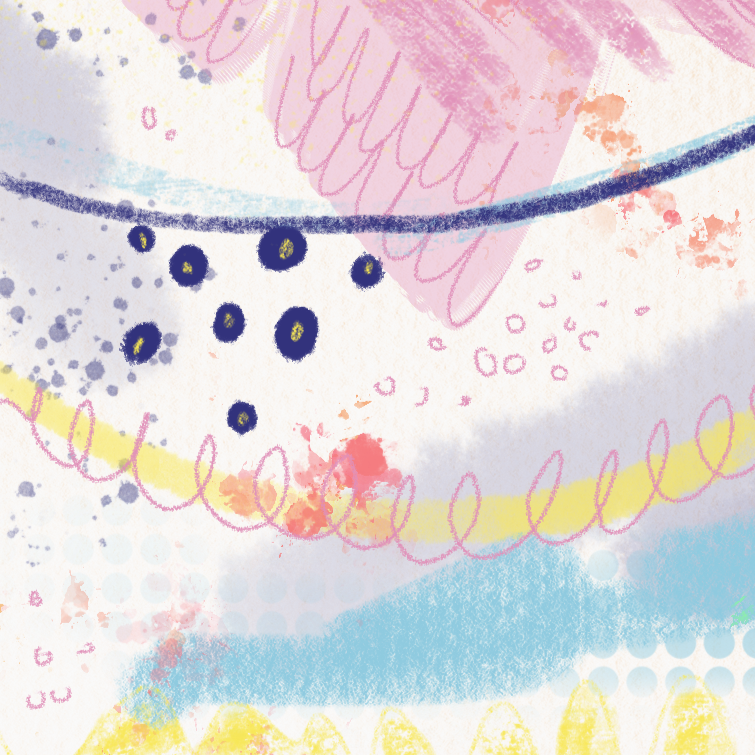 Abstract colorful watercolor painting with pink, purple, yellow, blue, and orange shapes and lines.