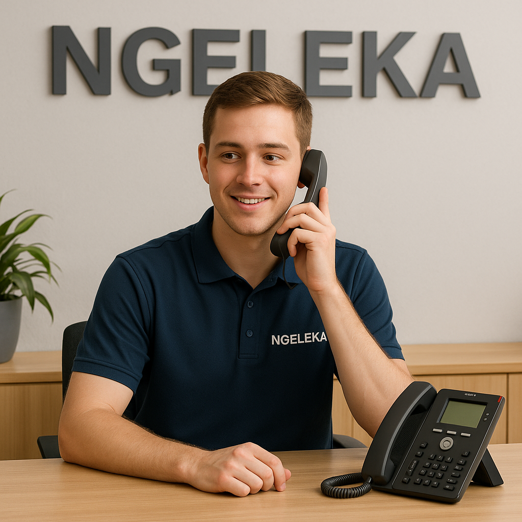 Un homme souriant avec une chemise bleue portant le logo NGLEKA, assis à un bureau en train de parler au téléphone fixe dans une salle de bureau. En arrière-plan, un mur blanc avec des lettres noires formant le nom NGLEKA, et un pot de plante verte sur le côté.