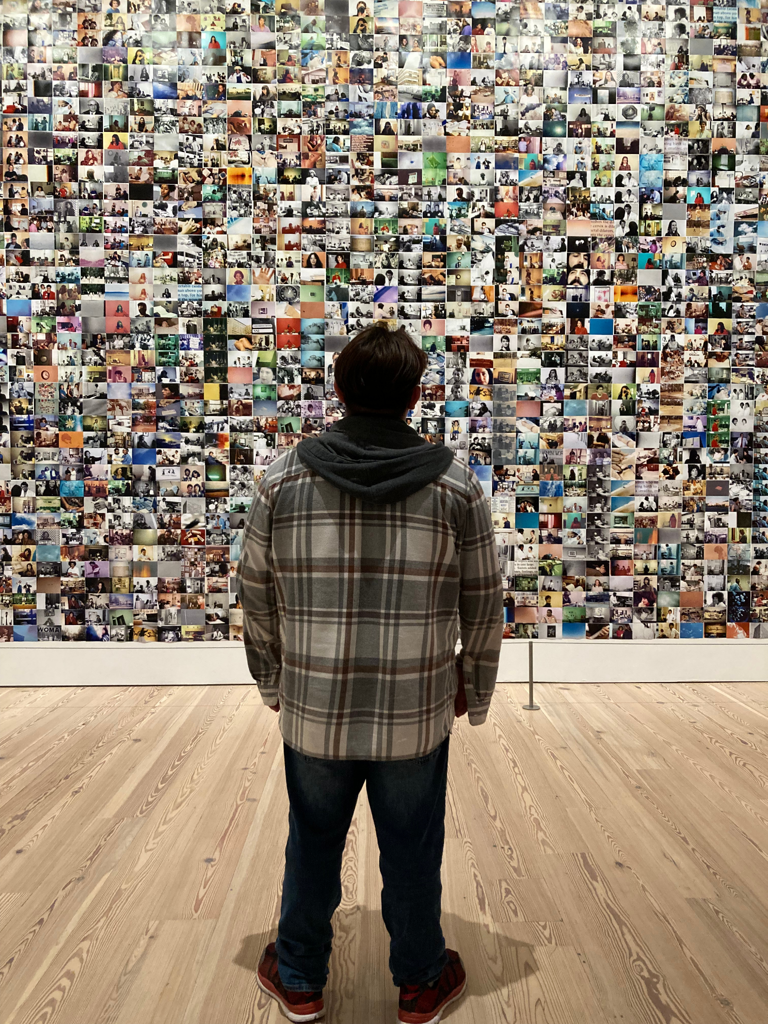 student with their back to the camera looking at large scale photo mosaic at MOMA.