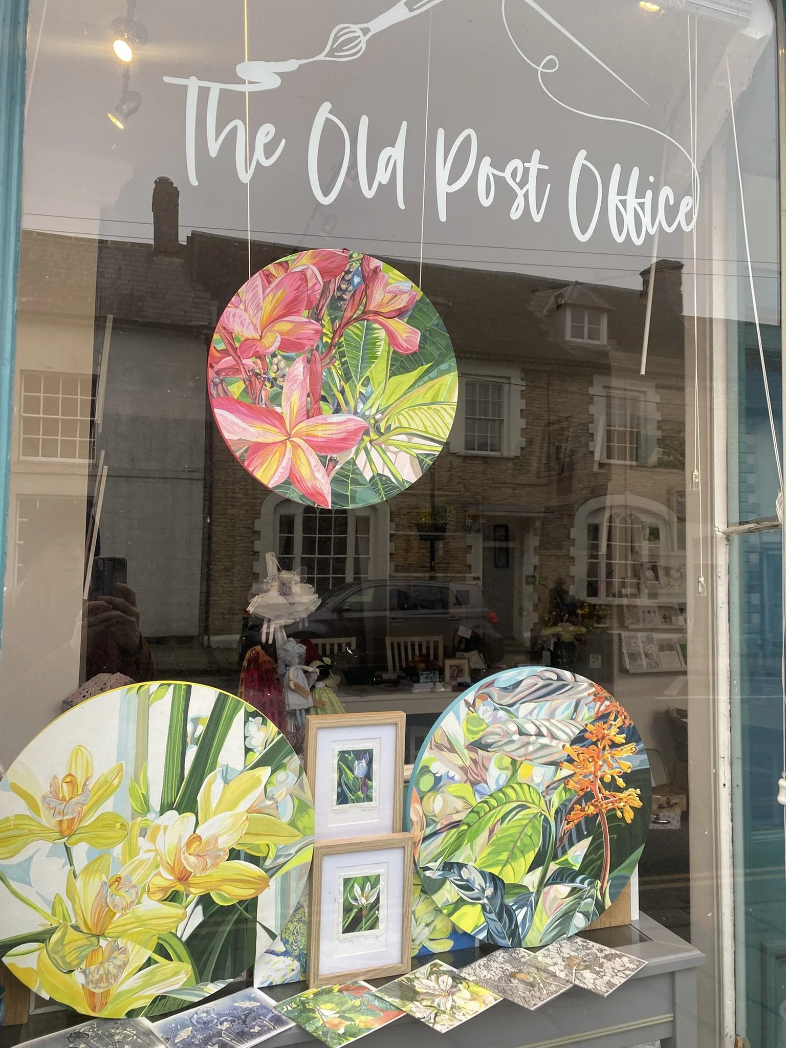 Kat Morgan's Botanical Originals in the window of The Old Post Office Gallery, Cricklade