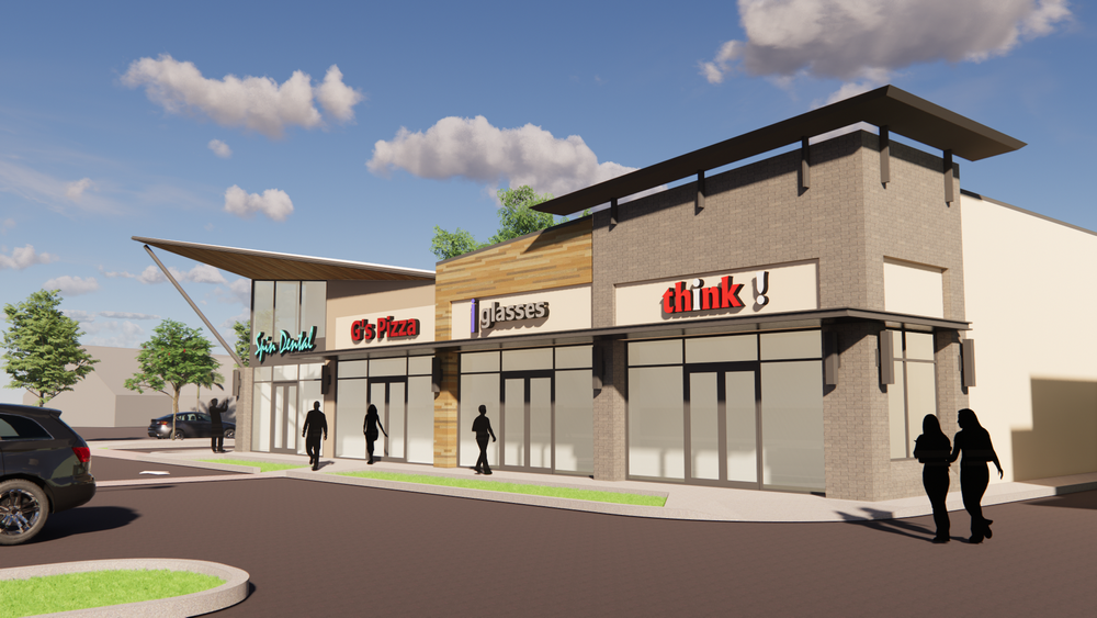Rendering of a modern shopping center with storefront signs for G's Pizza, glasses, think, and other retailers, with people walking outside and a parking lot in the foreground.
