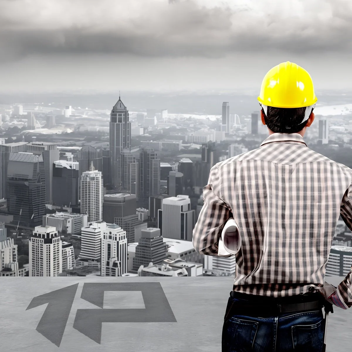 A man wearing a yellow safety helmet and plaid shirt stands on a rooftop, looking out over a grayscale cityscape with tall skyscrapers.
