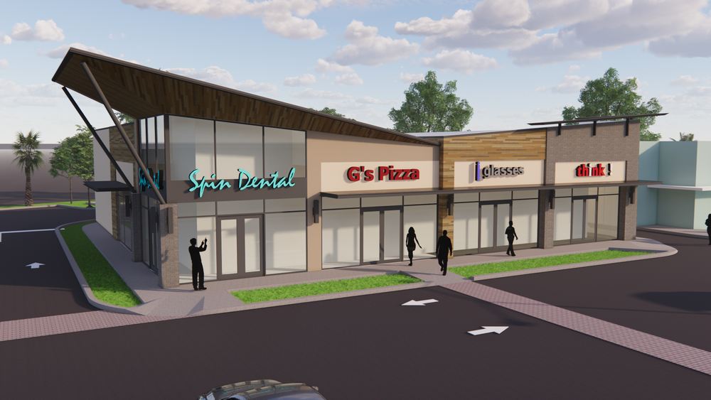 A modern shopping center with four retail stores: Spin Dental, G's Pizza, iGlasses, and think!. There are a few people walking outside and a person taking a photo, with parking spaces and a driveway surrounding the building.