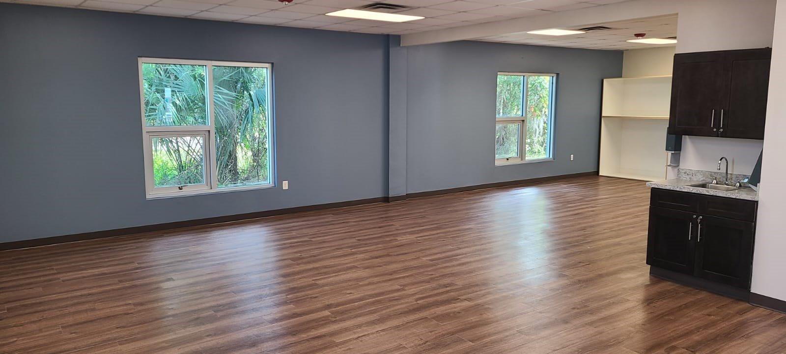 Empty room with two windows, blue walls, brown wood flooring, and a small kitchenette with black cabinets and a sink.