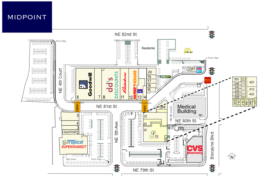 A shopping center map showing stores such as Tropical Supermarket, CVS Pharmacy, Goodwill, Pizza Hut, Subway, and a medical building, with parking lots and traffic lights at intersections.