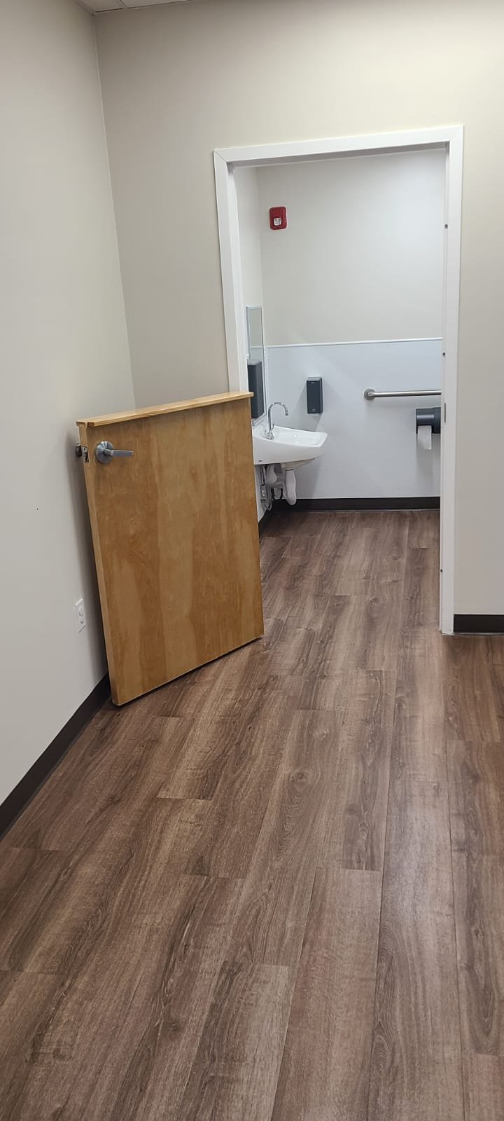 Hospital or clinic room with an accessibility sink and a partially open wooden door leaning against the wall.