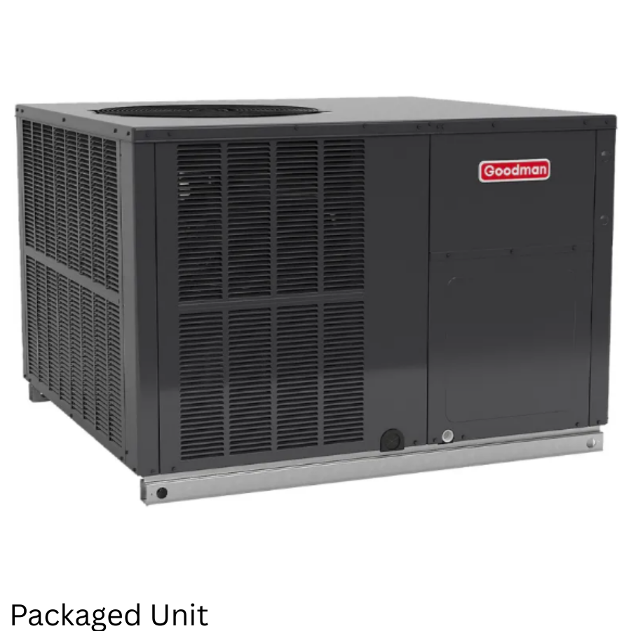 A large black packaged air conditioning unit with paperwork and a red manager label on the front.