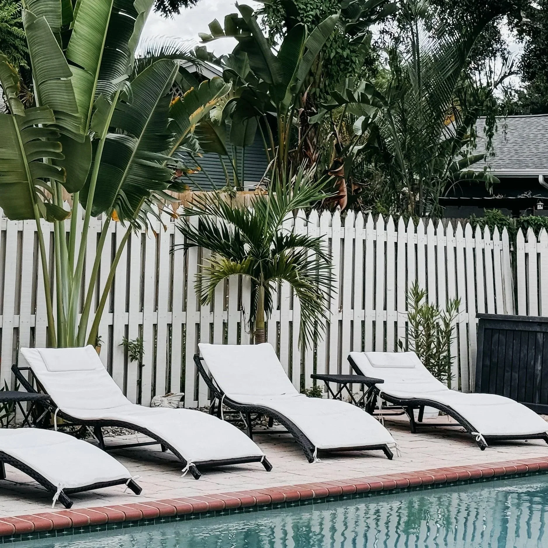 Poolside scene with four white lounge chairs on a brick-paved area, overlooking a swimming pool with a red brick border. Behind the chairs, there are lush green tropical plants and a white picket fence, with a house and trees in the background on a cloudy day.