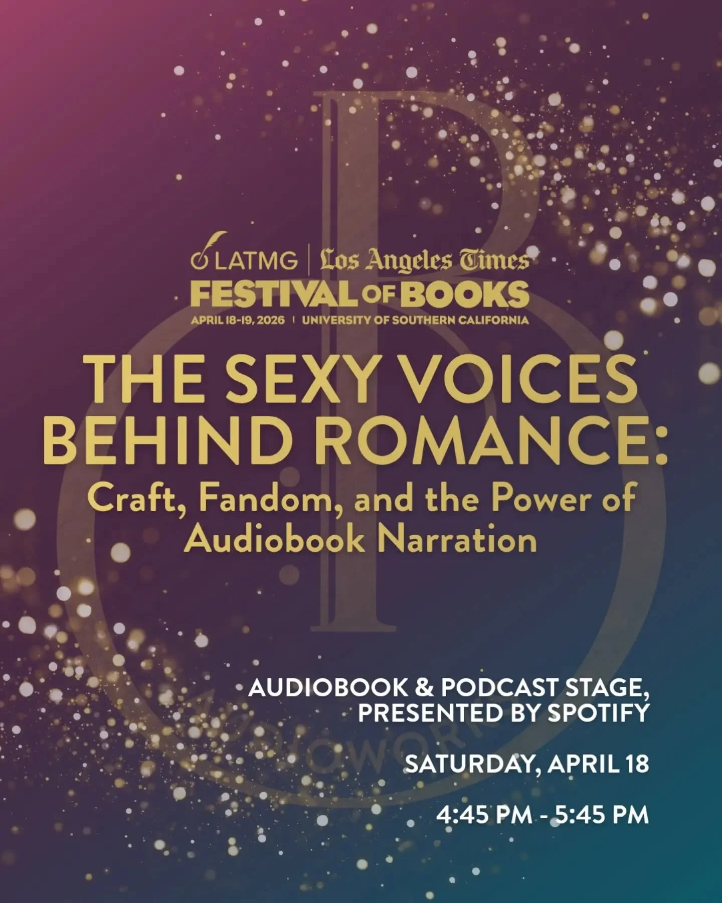 It's almost time for the Los Angeles Times Festival of Books!&nbsp;

Our very own Erin Spencer will be moderating The Sexy Voices Behind Romance: Craft, Fandom, and the Power of Audiobook Narration on Saturday, April 18th from 4:45-5:45 PM.

Join Wes