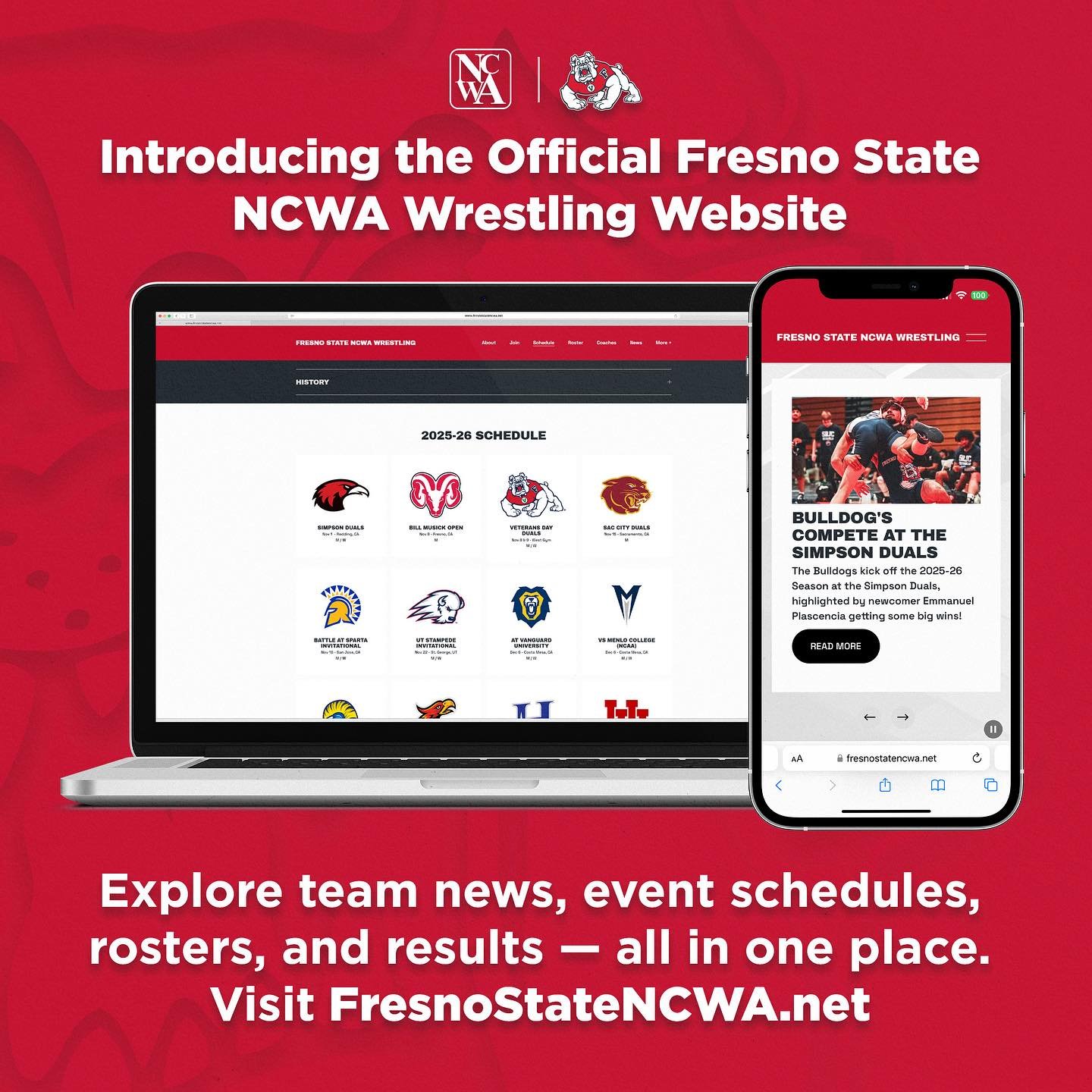 🚨 It&rsquo;s official &mdash; the new Fresno State NCWA Wrestling website is LIVE!

Catch all the action, event updates, rosters, and team news at FresnoStateNCWA.net 🐶🐾

#FresnoState #GoDogs #NCWA #Wrestling #CollegeWrestling #fresnostatewrestlin