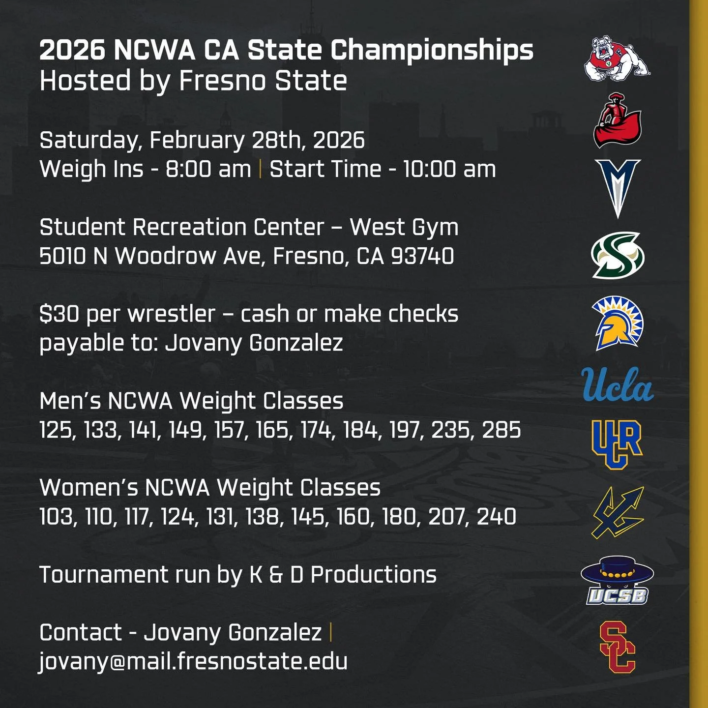 2026 NCWA California State Championships
📍 Fresno State | Rec Center - West Gym
📅 February 28, 2026

Fresno State hosts the NCWA State Championships, a perfect opportunity to round out the regular season!

&bull; Head-to-head matchups against Calif
