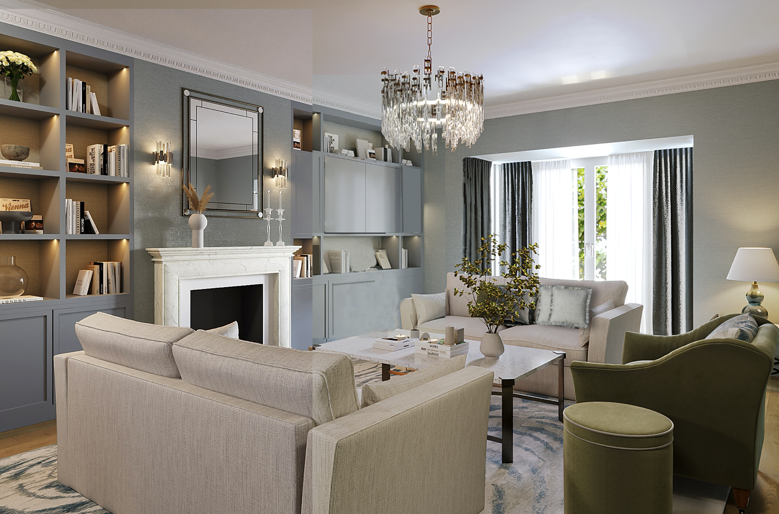 Decorative living room with beige and green chairs, white marble coffee table, built-in blue bookshelf, and fireplace with a mirror and wall sconces. Large window with white curtains and dark drapes, chandelier, and various decorative items.