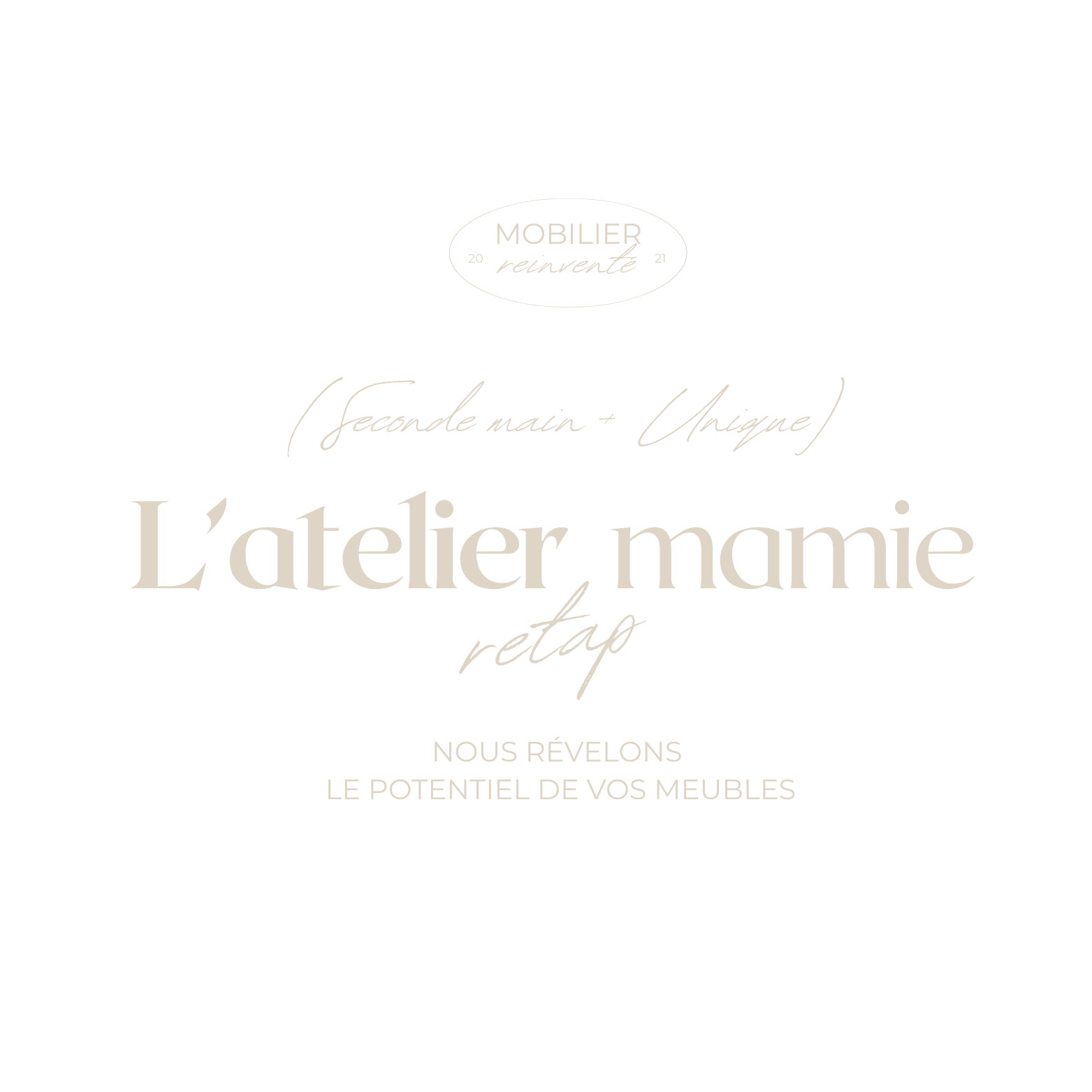 Logo avec texte en français sur un fond noir, promouvant un service de relooking de meubles, avec le nom "L'atelier mamie retrap" et le slogan "Nous révélons le potentiel de vos meubles".