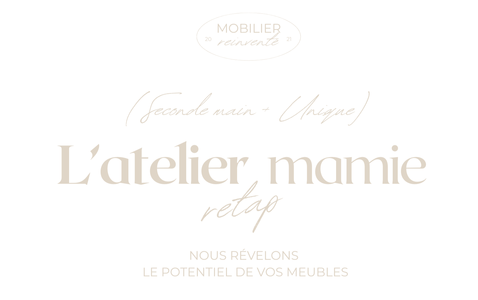 Logo et texte promotionnel pour l'atelier Mamie Rétro, mettant en avant la fabrication de meubles sur mesure, à la main et unique, avec un slogan "Nous révélons le potentiel de vos meubles".