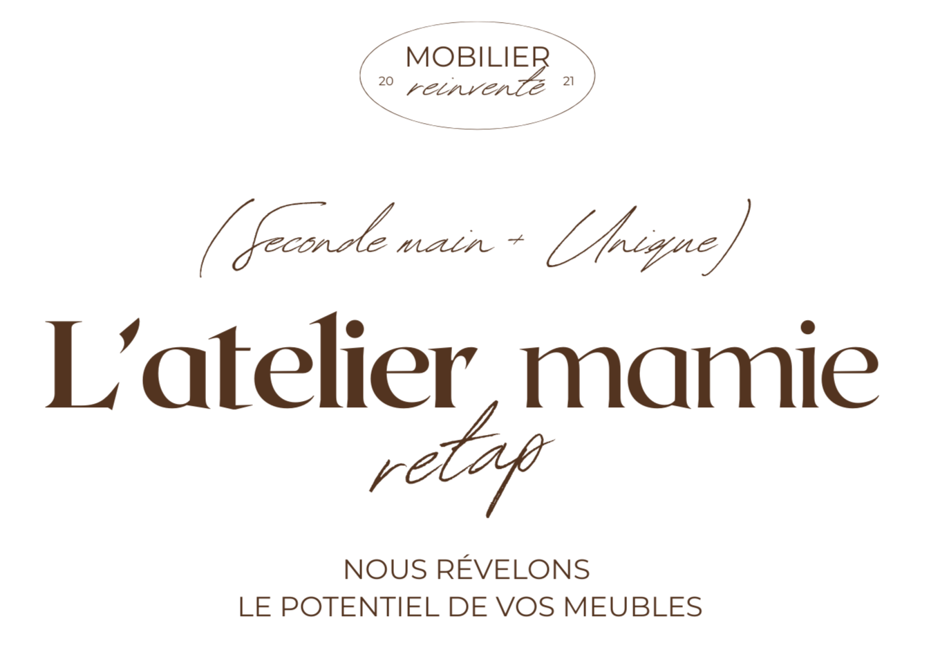 Logo et texte promotionnel pour un atelier de restauration de meubles, intitulé 'L'atelier marmie retap', indiquant une expertise en restauration de meubles à partir de seconde mainet d' unique.