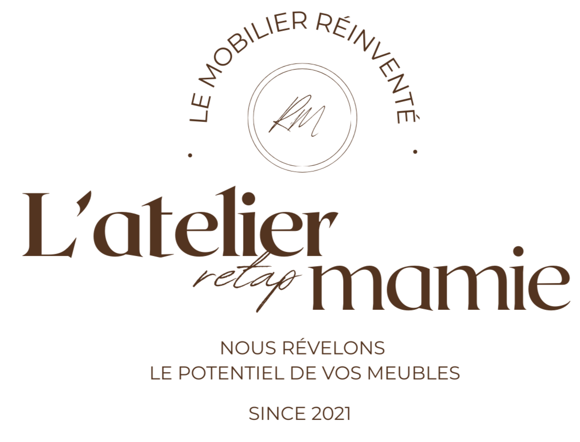 Logo de L'atelier retap mamie, une entreprise spécialisée dans la rénovation de meubles, fondée en 2021, avec le slogan « Nous révélons le potentiel de vos meubles ».