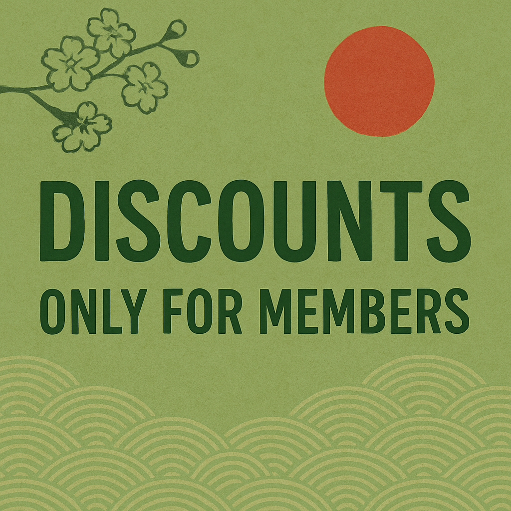 A promotional sign with a green background featuring a cherry blossom branch, a red circle, and a pattern of light green semi-circles at the bottom. The text reads, "DISCOUNTS ONLY FOR MEMBERS."