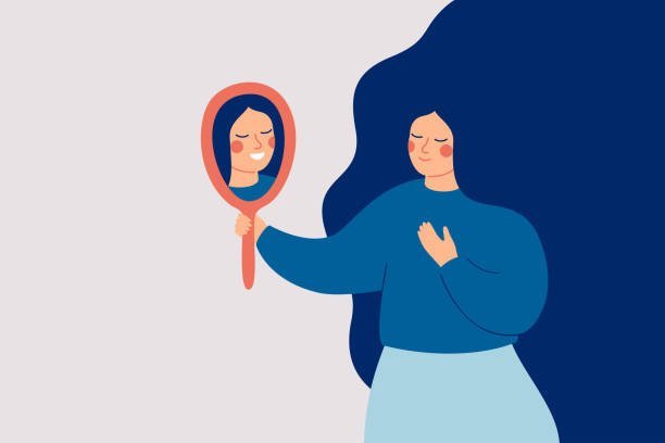 A cartoon woman with long blue hair placing her hand on her heart and looking at herself in a hand held mirror. The reflection of herself is smiling back at her
