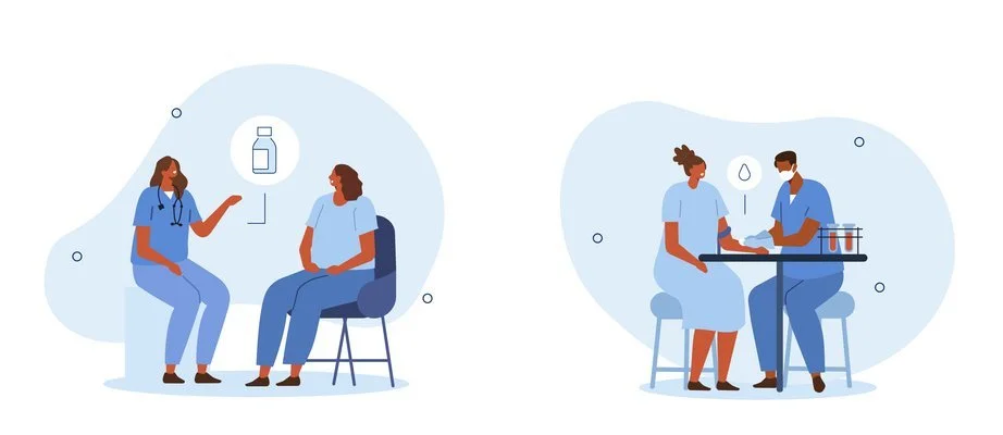 A vector illustration containing two sets of patients and medican professional. The pair on the left is a doctor and patient having a discussion about medication, while the pair on the right showcases a medical professional drawing blood for labs.