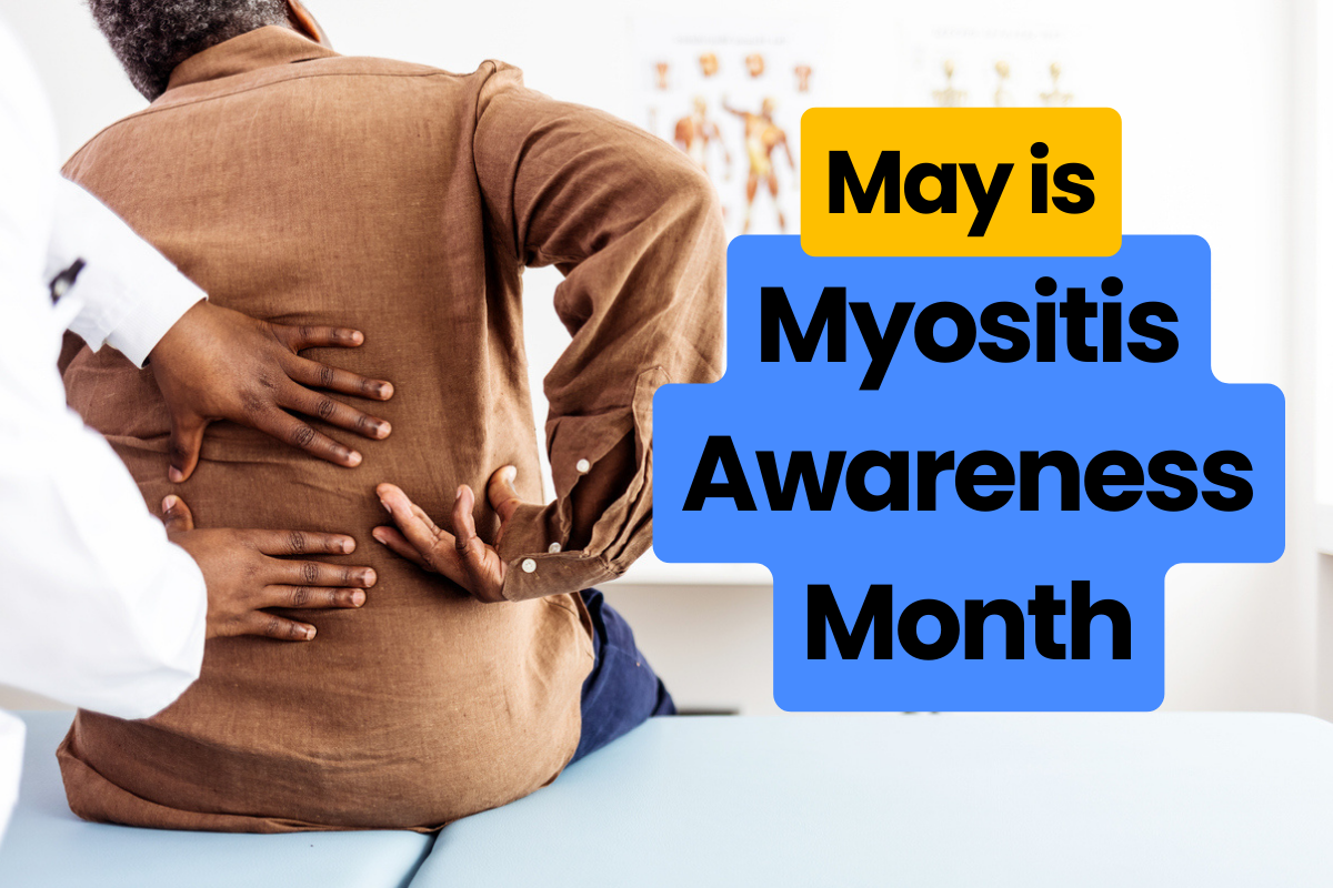 A healthcare professional examines a patient's back, with the patient sitting on an examination table wearing a brown shirt. The words "May is Myositis Awareness Month" is on the screen