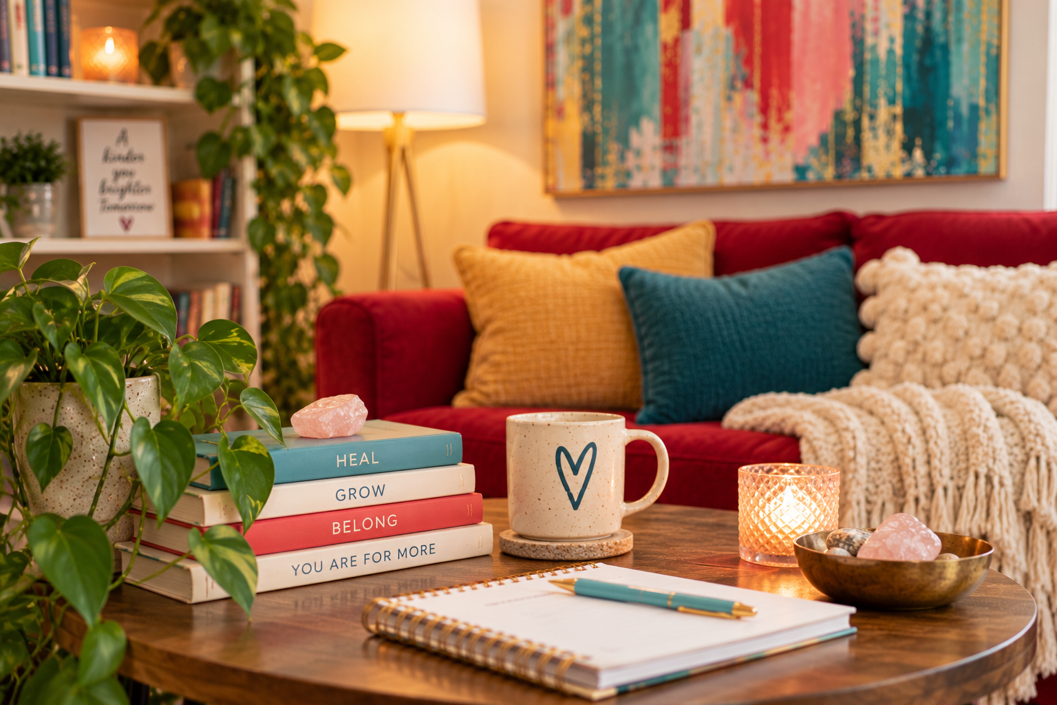 Red couch in Melanie Taylor’s Fort Smith counseling office