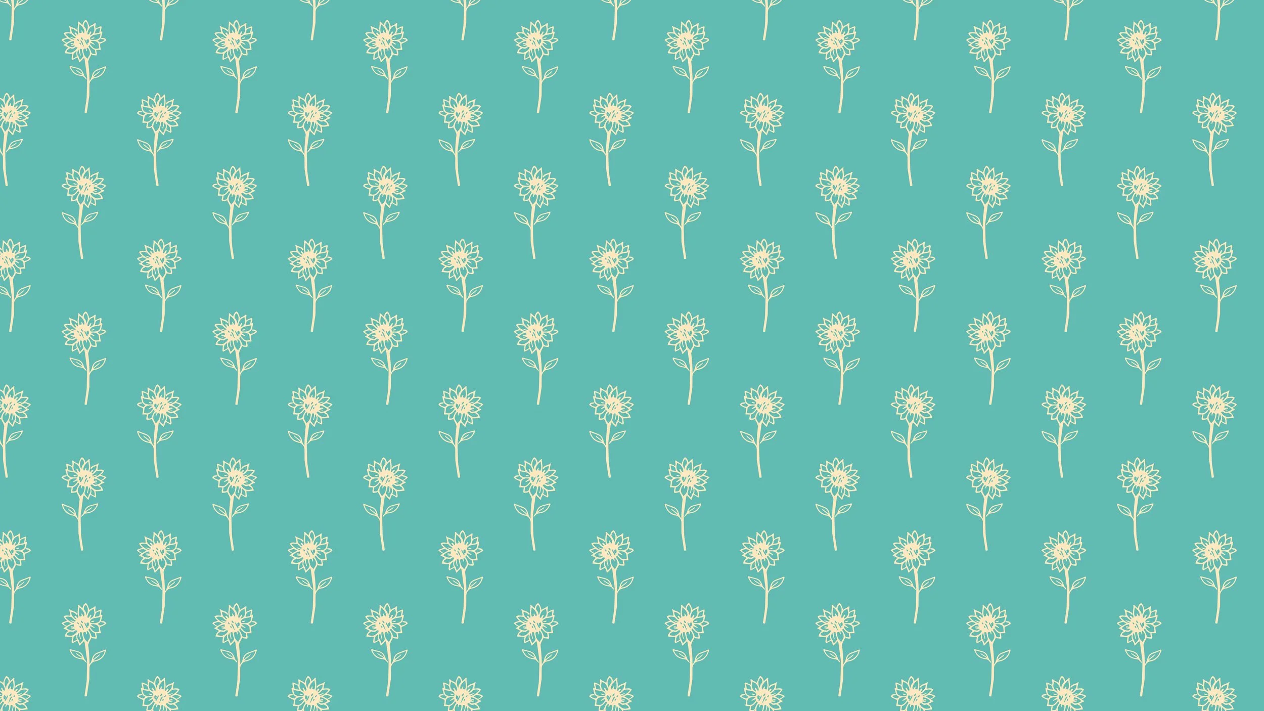 A pattern of white outlined flowers with long stems and leaves on a teal background.