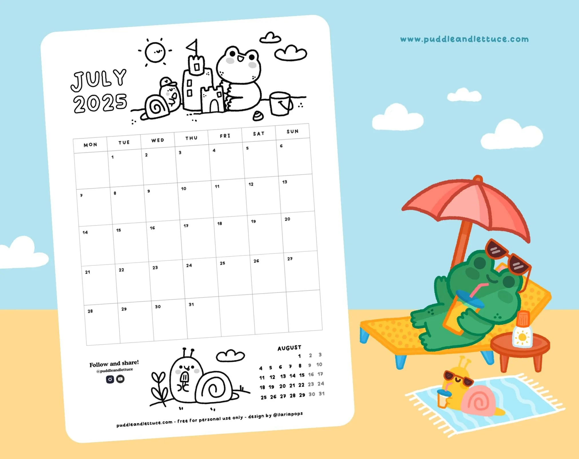 Free Printable: July Calendar to Colour In