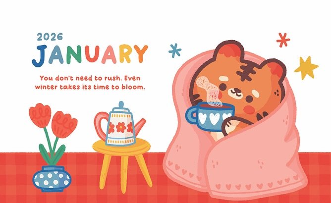 Hi friends 💗
I wanted to show you a small peek inside the 2026 calendar, just a few of my favourite illustrations featuring my own characters. 
Each month has a gentle quote and a cozy little scene I loved drawing.
And on the back of every month, th