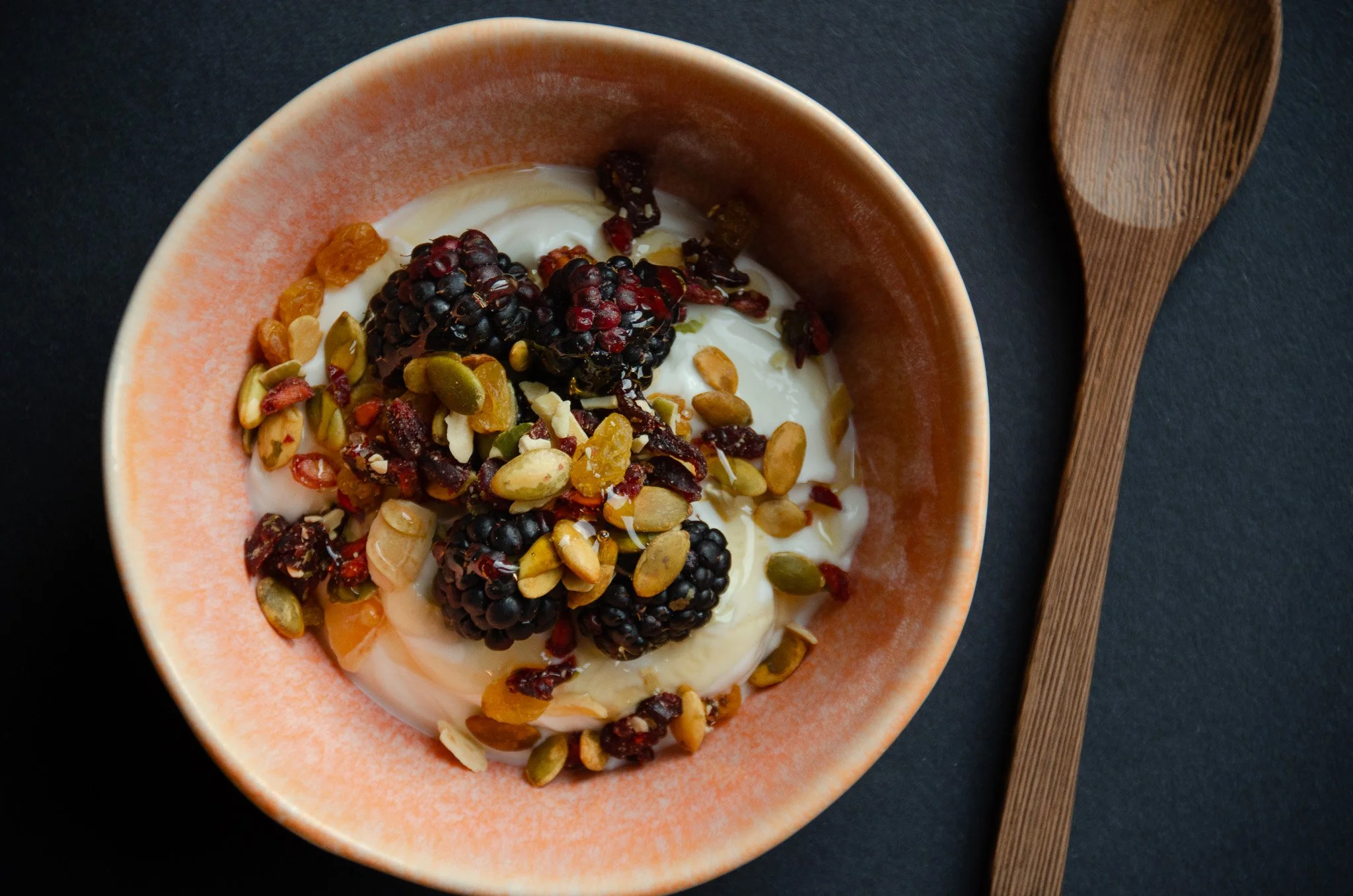 Greek Yogurt with Blackberries, Almonds, Cranberries &amp; Pumpkin seeds