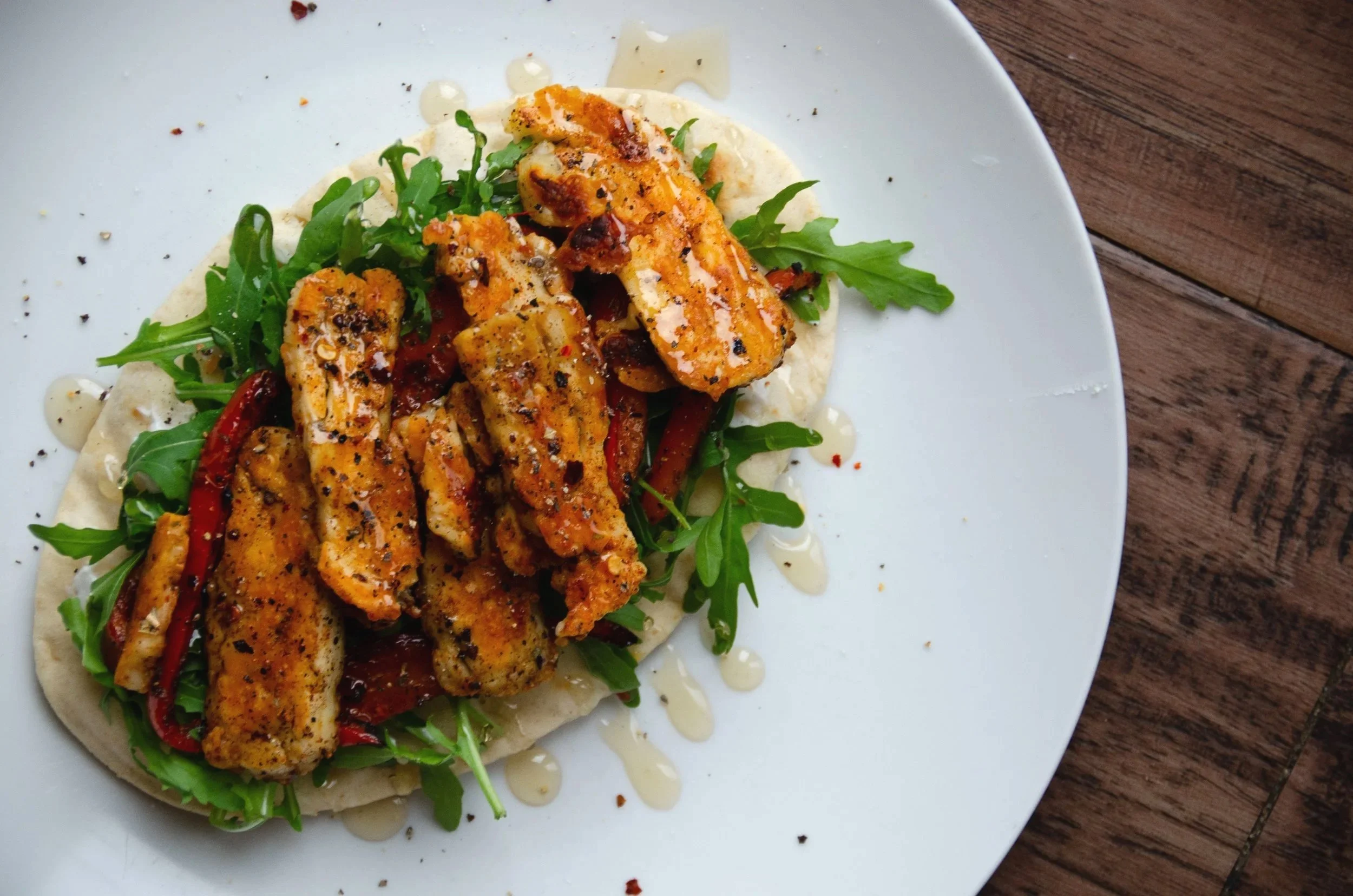 Halloumi &amp; Hot Honey Flatbread with Roasted Red Peppers &amp; Rocket