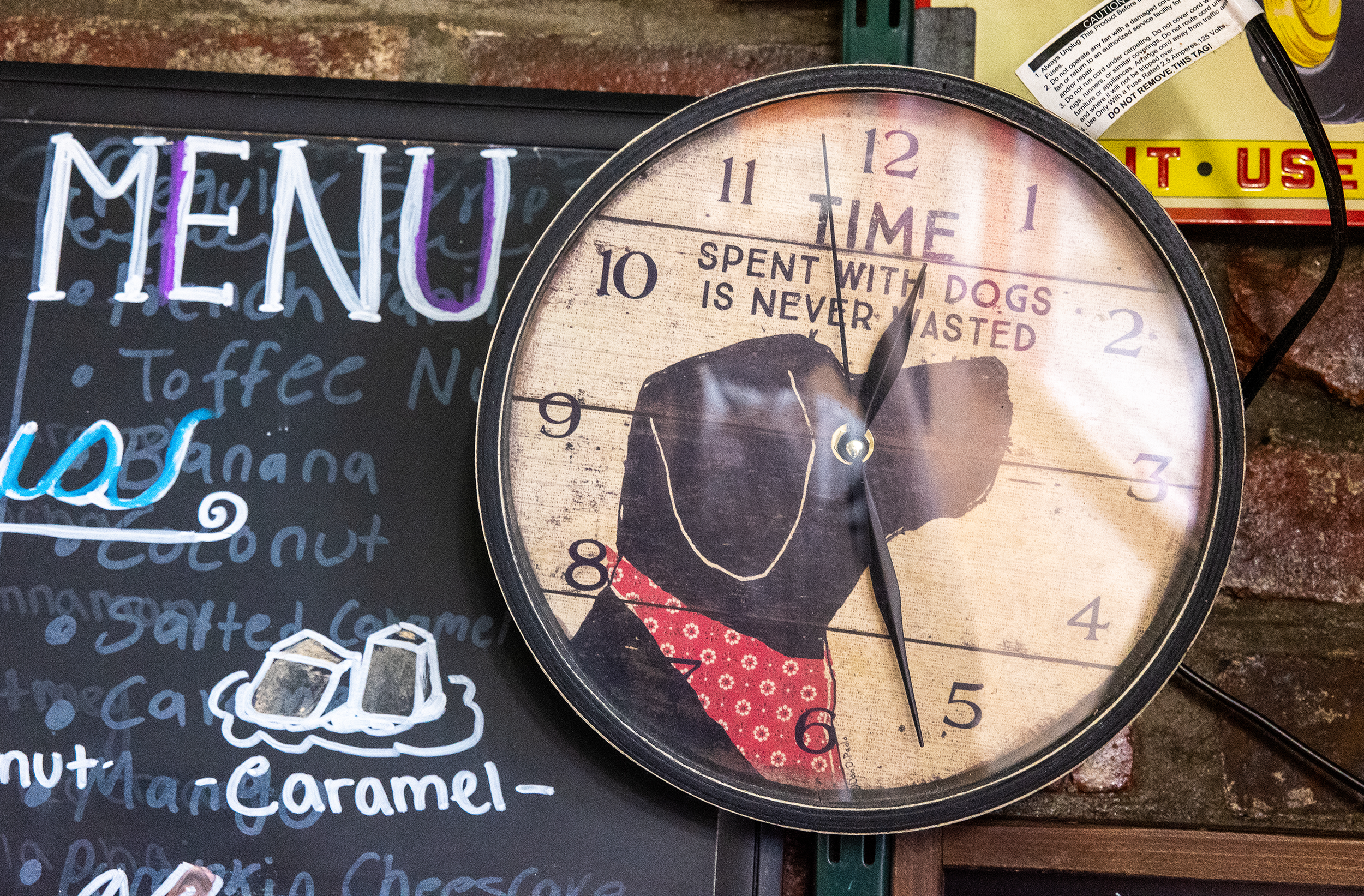 Menu chalkboard and dog clock