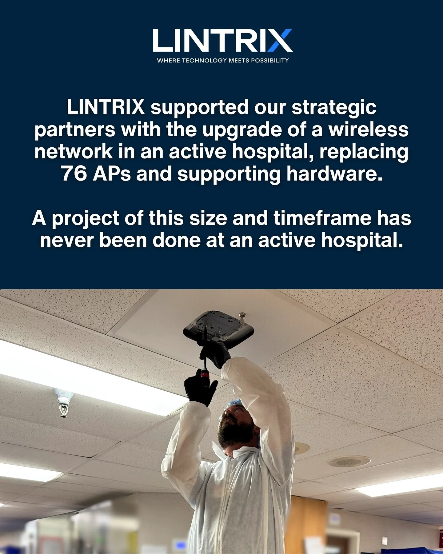 LINTRIX Project Spotlight 💡Wireless Network Swap at an Active Orange County Hospital

All systems of a new @cisco AI Network were active within the 12 hours of an overnight hospital shift. 

#wirelessnetwork #technologysolutions #wifi #technology