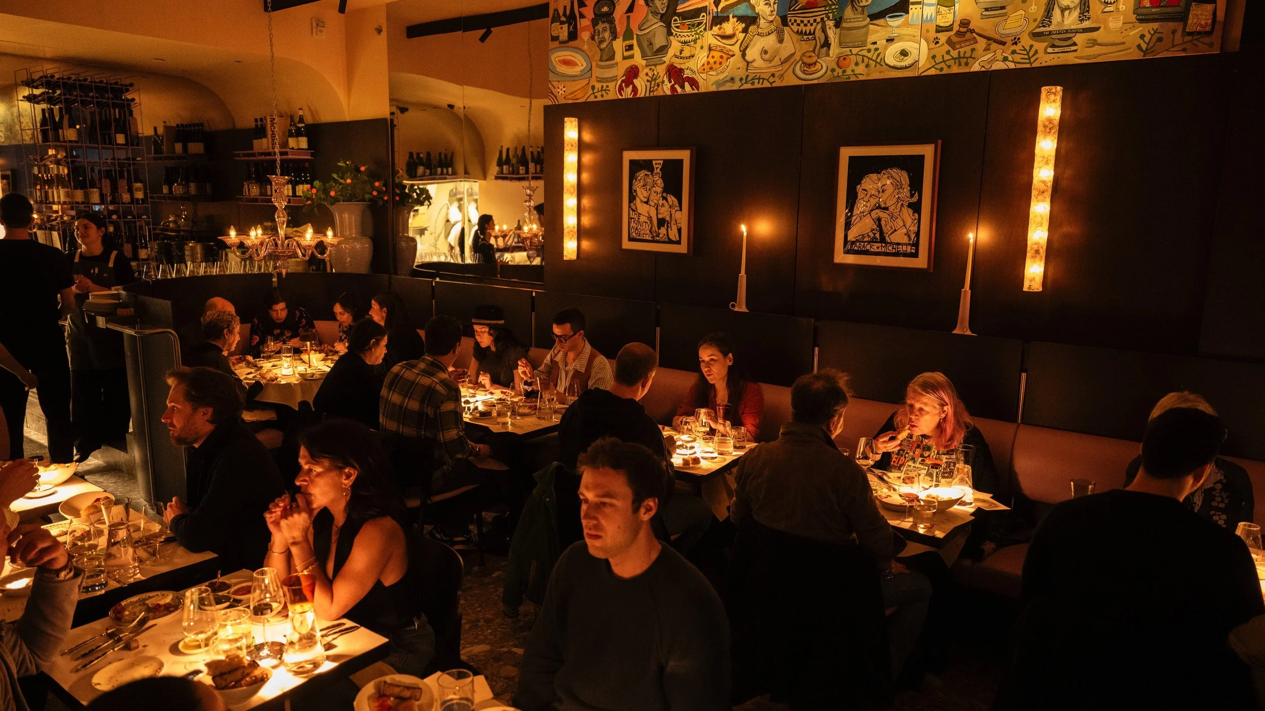Cozy interior of the first floor restaurant and bar of Pearl Box Townhouse at 357 W. Broadway, in the heart of SOHO