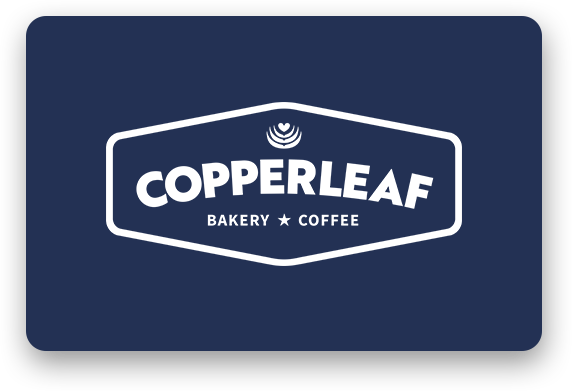 Copperleaf Bakery and Coffee logo on a dark blue background.