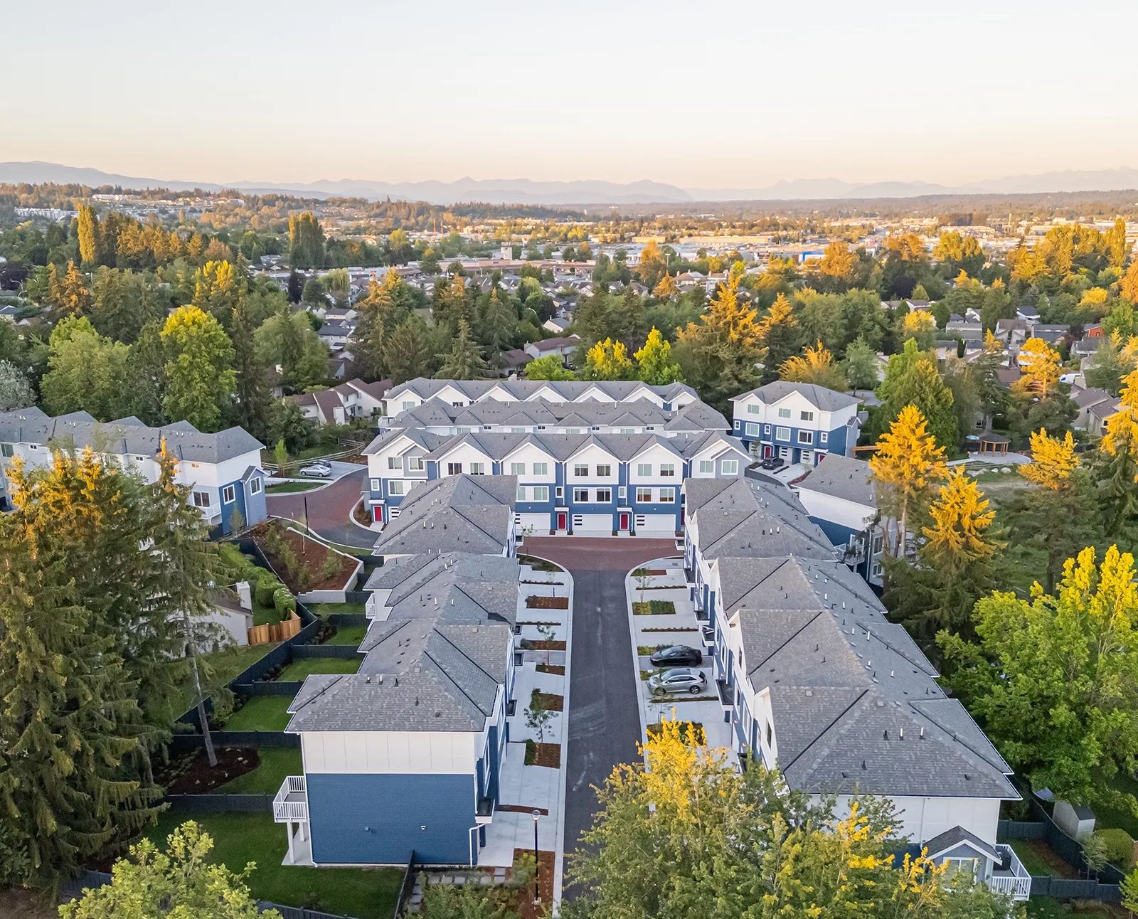 Aerial view of a suburban residential neighborhood with rows of townhouses, surrounded by numerous trees and green spaces, with streets and parked cars visible, under a pastel-colored sky.