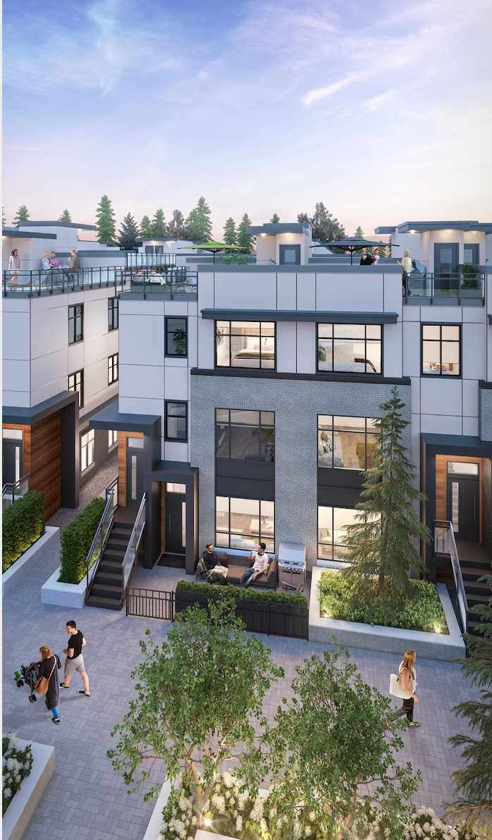 Modern multi-story apartment complex with rooftop terraces, outdoor seating, and trees in front.