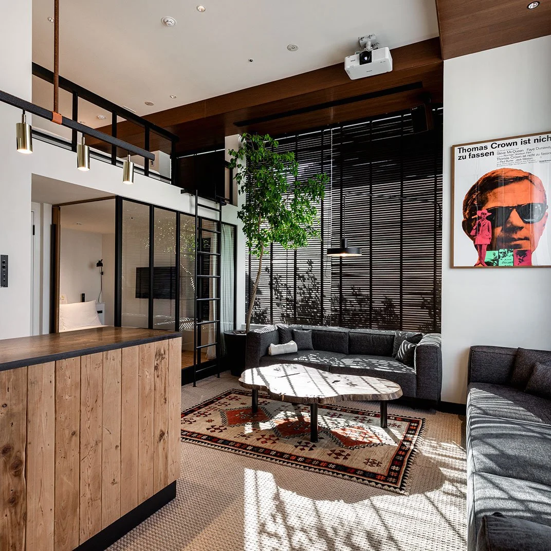 Modern living room with large windows, black shutters, a potted tree, and contemporary furniture including gray sofas, a wooden coffee table, and a patterned rug.