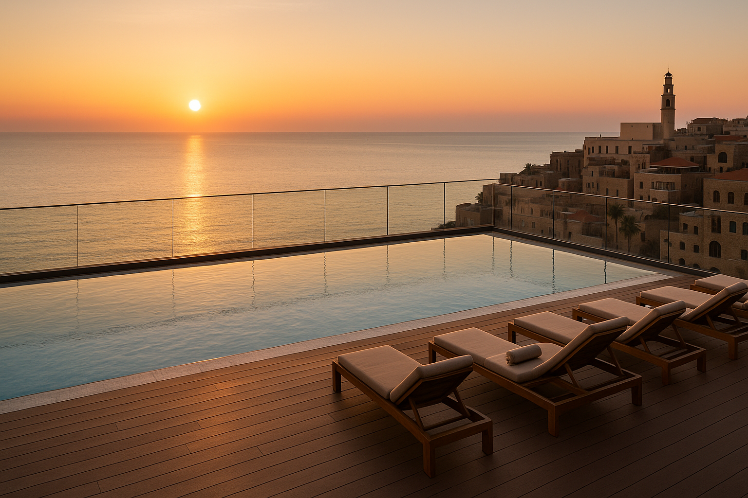 Luxury infinity pool overlooking a sunset over the ocean, with poolside lounge chairs on a wooden deck and historic buildings and a lighthouse in the distance.